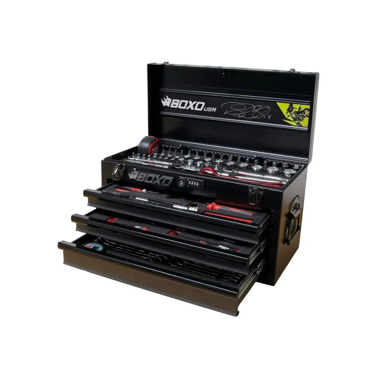 BoxoUSA MotoBox | Ricky Carmichael 3-Drawer Portable Tool Box with 103-Piece Metric Motorcycle Tool Set MOTOBX1-BK-RC2