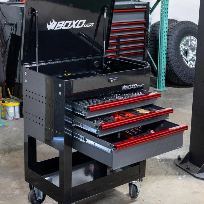 BoxoUSA Pro Series | 28" 3-Drawer Flip Top Service Cart Tool Box with 233-Piece Master Tool Set 28BM-W-B