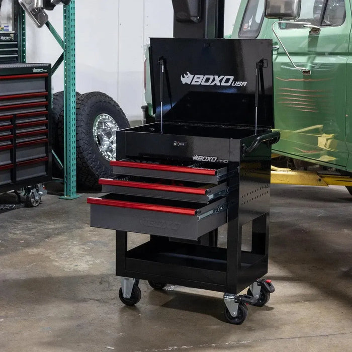 BoxoUSA Pro Series | 28" 3-Drawer Flip top Service Cart Tool Box UAS2603LM-W-B