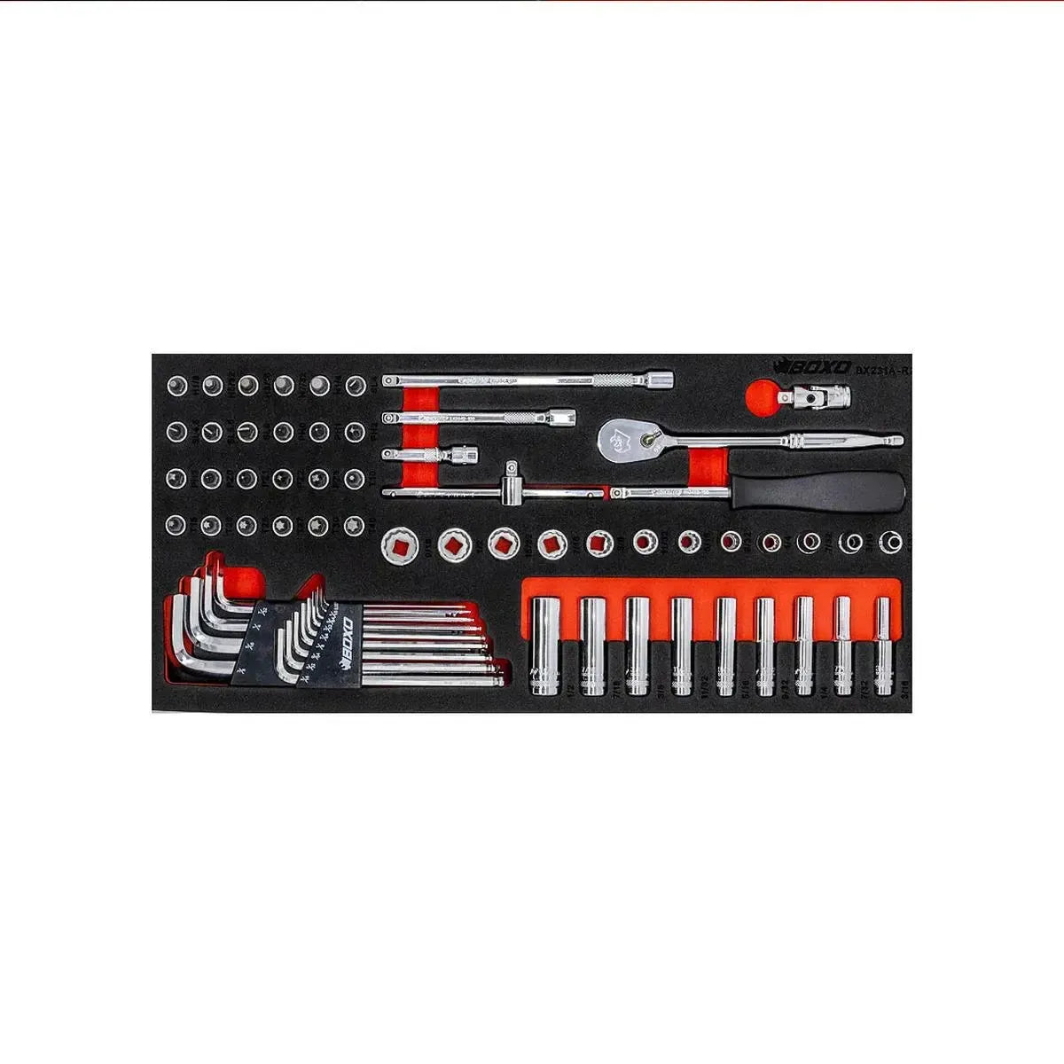 BoxoUSA 65-Piece 1/4" Drive SAE 12-Point Socket Set | 1/3 Drawer EVA Foam BX231A-R2