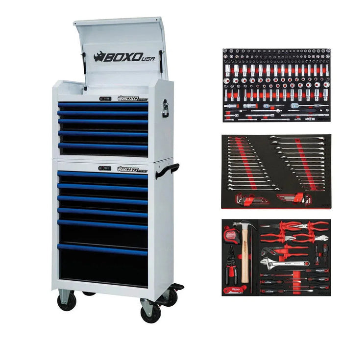 BoxoUSA Pro Series | 26" 11-Drawer Rolling Tool Box with 233-Piece Master Tool Set 26TBM-W-B