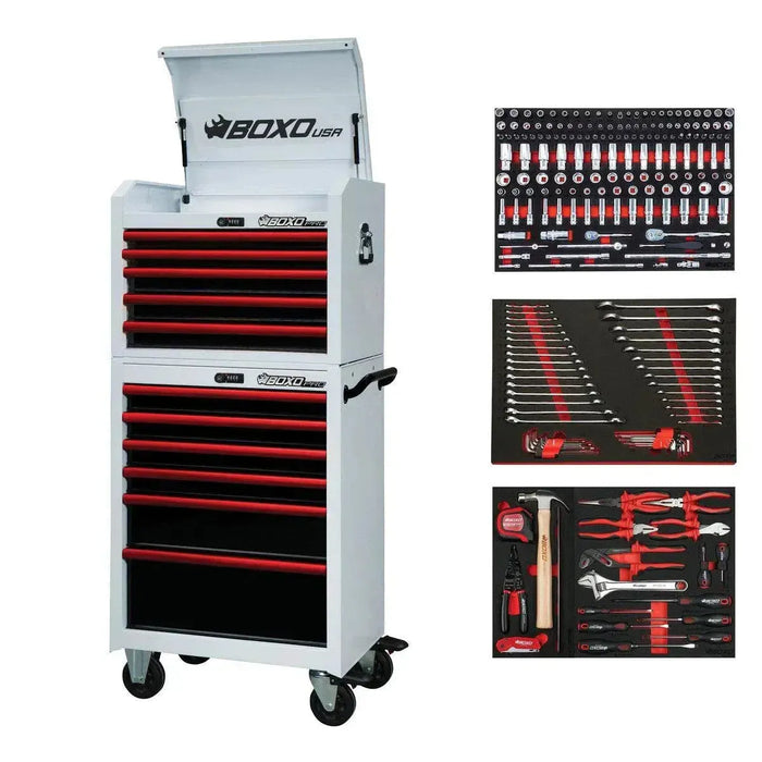 BoxoUSA Pro Series | 26" 11-Drawer Rolling Tool Box with 233-Piece Master Tool Set 26TBM-W-R