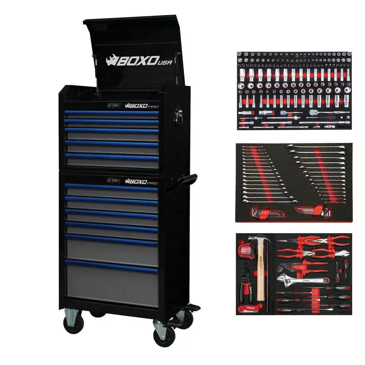 BoxoUSA Pro Series | 26" 11-Drawer Rolling Tool Box with 233-Piece Master Tool Set 26TBM-BK-B