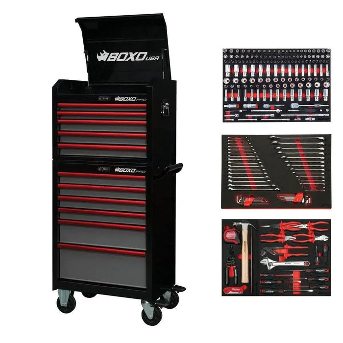 BoxoUSA Pro Series | 26" 11-Drawer Rolling Tool Box with 233-Piece Master Tool Set 26TBM-BK-R