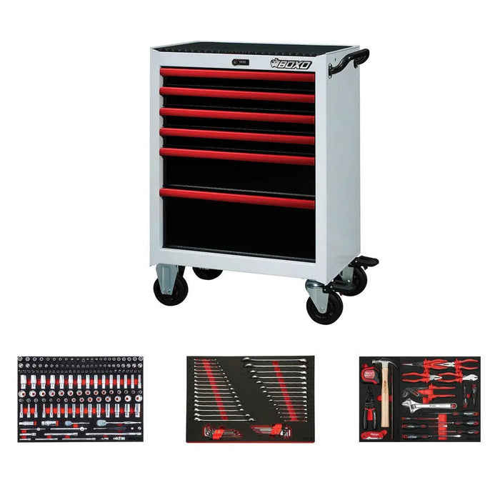 BoxoUSA Pro Series | 26" 6-Drawer Rolling Tool Box with 233-Piece Master Tool Set 26BM-W-R