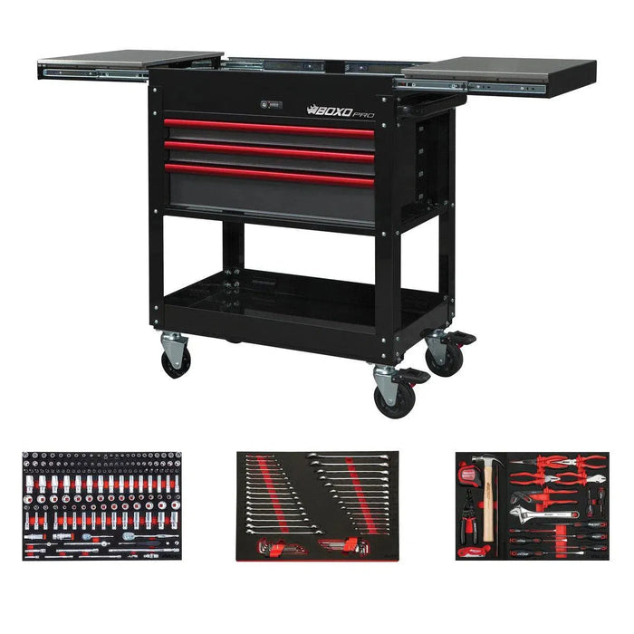BoxoUSA Pro Series | 35" 3-Drawer Slide-Top Service Cart Tool Box with 233-Piece Master Tool Set 35SBM-BK-R