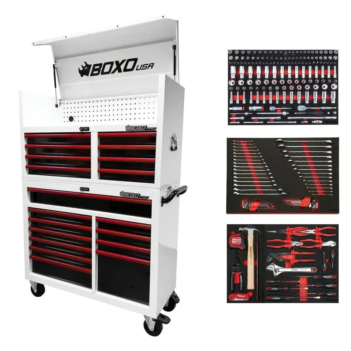 BoxoUSA Pro Series | 45" 19-Drawer Rolling Tool Box with 233-Piece Master Tool Set 45TBM-W-R