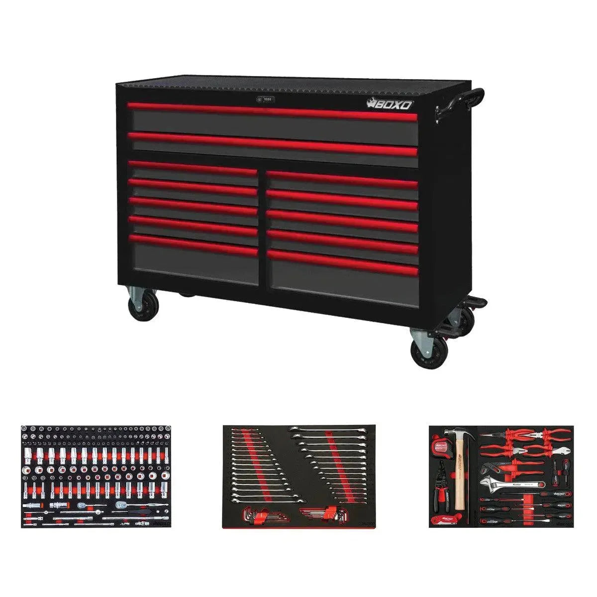 BoxoUSA Pro Series | 53" 12-Drawer Rolling Tool Box with 233-Piece Master Tool Set 53BM-BK-R