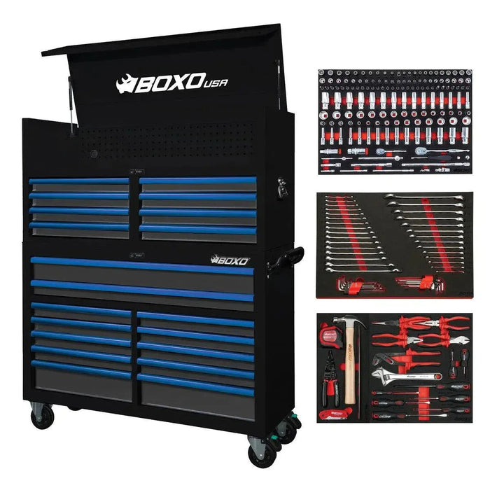 BoxoUSA Pro Series | 53" 20-Drawer Rolling Tool Box with 233-Piece Master Tool Set 53TBM-BK-B