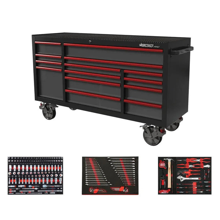 BoxoUSA Pro Series | 72" 14-Drawer Rolling Tool Box with 233-Piece Master Tool Set 72BM-BK-R