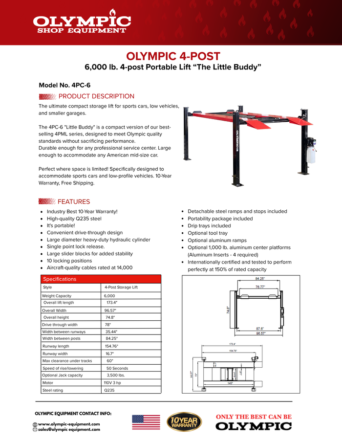 Model: 4PC-6: "The "Little Buddy" Compact Portable 6,000 lb. Maintenance & Storage Lift / 96.57″ W X 173″ L / 10-Year Warranty / SHIPS FREE!