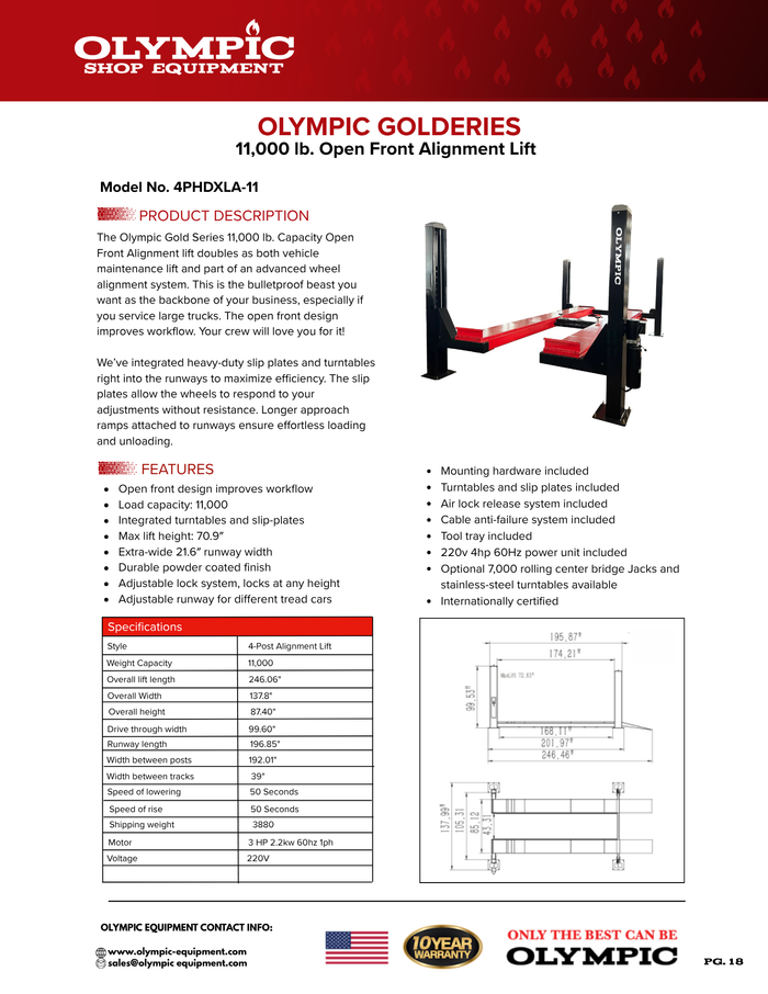 Model: Olympic 4PHDXLA-11 / Open Front Alignment Lift / 11,000-lb. Capacity Car & Truck Maintenance / Turntables / Slip Plates / 138″ W X 246″ L 10-Year Warranty / SHIPS FREE!