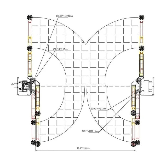 Top-down arm-sweep diagram with printed reach radii for front and rear arms