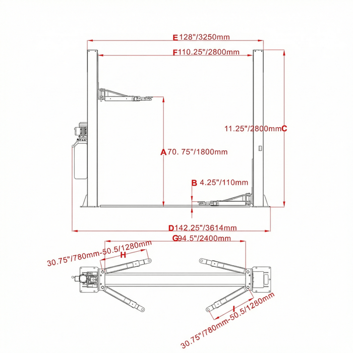 Katool KT H105 Two Post Lift measurements