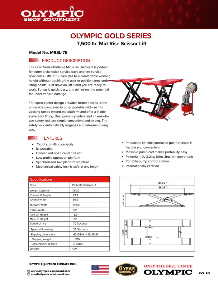 Model: Olympic MRSL-75 / 7,500 Portable Mid-Rise Scissor Lift / Dual Cylinders / Pneumatic Lock Release / 7-Year Warranty / SHIPS FREE!