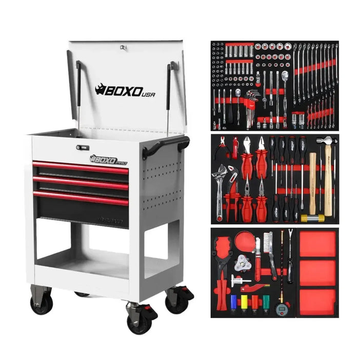 BoxoUSA Pro Series | 28" 3-Drawer Flip-Top Service Cart with 160-Piece Quick Service Master Tool Set 28BQS-W-R