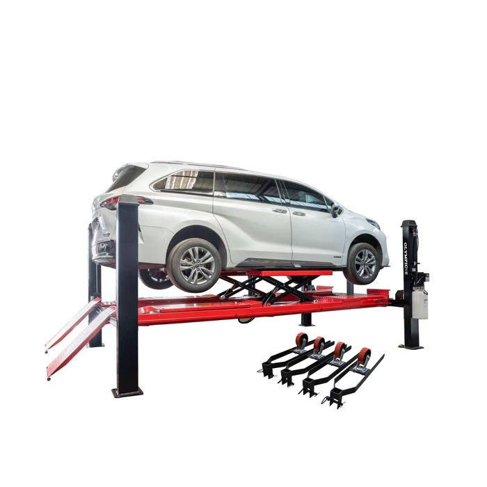 Model: Olympic 4PXLA-10 / “The Dually” Alignment lift with Built-in Scissor Jacks 10,000 lb. Maintenance & Storage Lift / Adjustable Width Runway / 84″ Storage Space / 125″ Between Posts / 229″ Platform Length / 10-Year Warranty / SHIPS FREE!