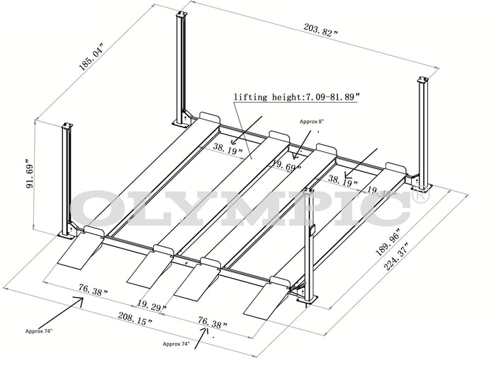 Model: Olympic 4PXW-10 / 10,000-lb. Capacity Two Car Stacker Lift / Four Car Storage Capacity / 78″ Clearance / Drip Trays / 208″ W X 224″ L / 10-Year Warranty / SHIPS FREE!