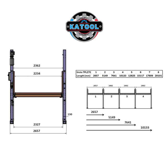 Katool KT-P2700 multi-unit linkage chart showing 1- through 8-station total widths