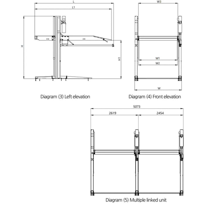 Katool KT-P2700 left and front elevation drawings with multi-unit footprint