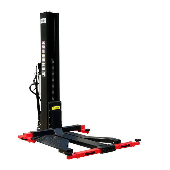 Katool KT-SPL700 single post lift front-quarter view showing 110V power unit, drive-on platform, and adjustable arms.
