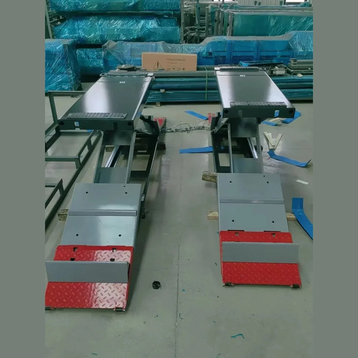 Katool KT-X99 scissor lift in retracted position, dual drive-on platforms