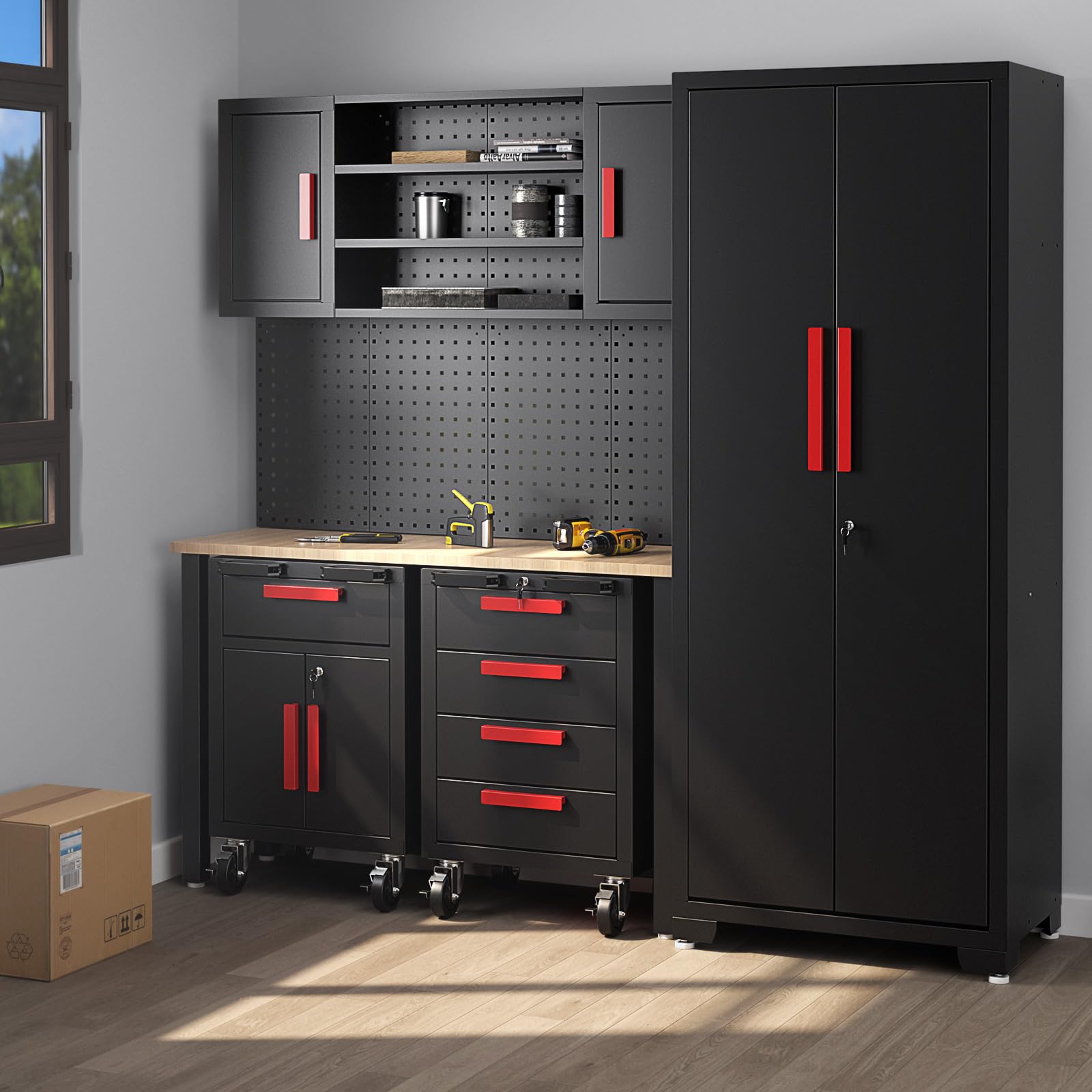 High-end organized garage featuring ForgeLine modular steel cabinet sets in a matte finish