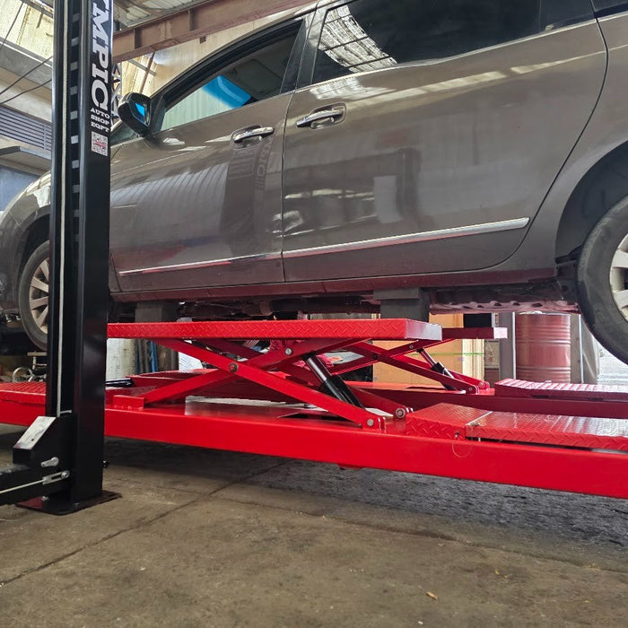 “The Bad Boy" Model: 4PXL-10B XL Portable 10,000 Lb. Lift Features Built-in Scissor Jacks, Adjustable Width Runway / 84″ Storage Space / 125″ Between Posts / 229″ Platform Length / 10-Year Warranty / SHIPS FREE! (regular price is $10,616))