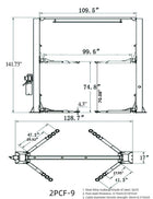Model: Olympic 2PCF-9 / 9,000‐lb. / Symmetric Post Clear floor / Dual Point Lock Release / 2-Stage Arms / 2-Stage Foot Pads / 142″ H X 129″ W / 10-Year Warranty / SHIPS FREE!