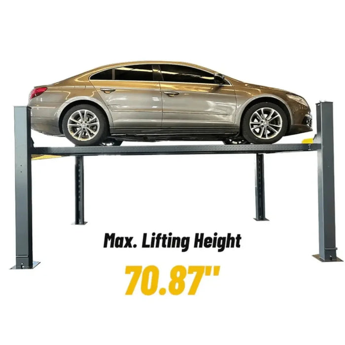 Katool KT-4H850 4 Post 8,500lb Heavy Duty Car Lift on a white background shown from the side with the text "Maximum Lifting Height of 70.87"
