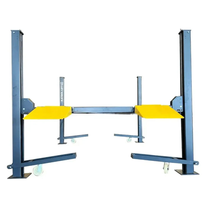 Katool KT-4H850 4 Post 8,500lb Heavy Duty Car Lift show from the front with the loading ramps fully extended.