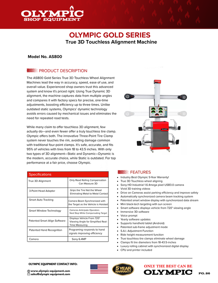 Model: Olympic AS800 / The Olympic AS800 True 3D Touchless Alignment Machine / Rolling Cart with Screen / Touchless Wheel Clamp / Patented Smart Window / 5-Year Warranty / SHIPS FREE