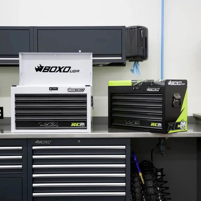 BoxoUSA MotoBox | Ricky Carmichael 26" 5-Drawer Portable Tool Box with 103-Piece Metric Motorcycle Tool Set MOTOBX5-BK-RC2