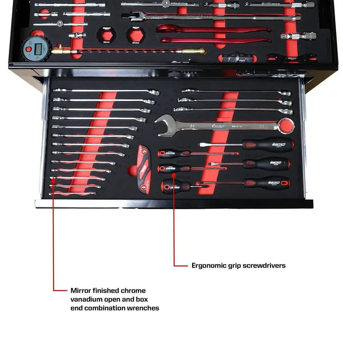 BoxoUSA MotoBox | Ricky Carmichael 26" 5-Drawer Portable Tool Box with 103-Piece Metric Motorcycle Tool Set MOTOBX5-BK-RC2