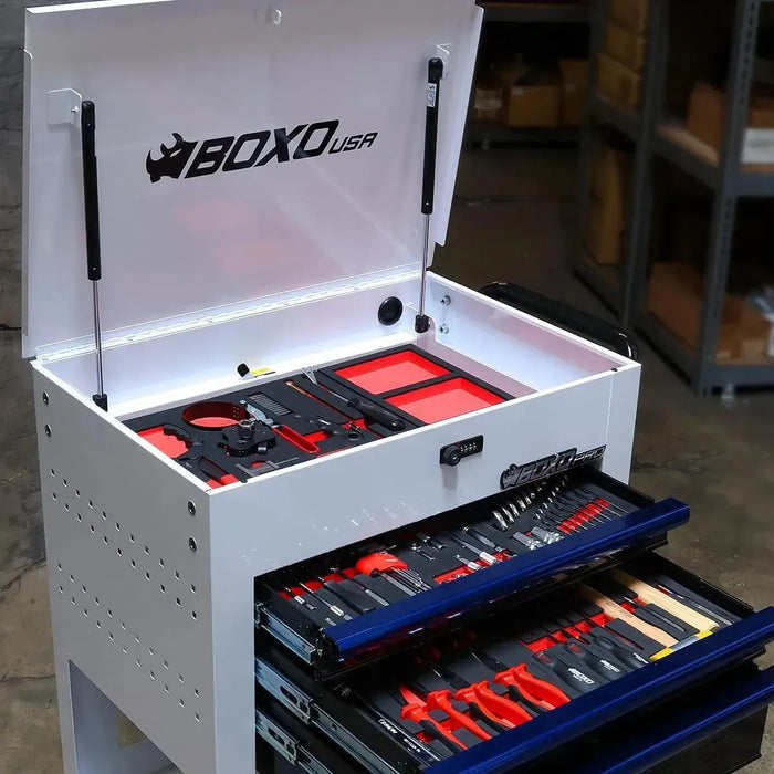 BoxoUSA Pro Series | 28" 3-Drawer Flip-Top Service Cart with 160-Piece Quick Service Master Tool Set 28BQS-BK-R