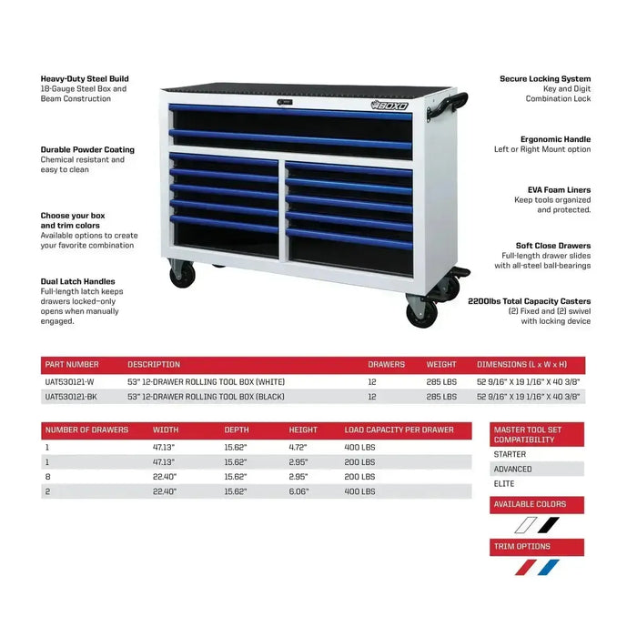BoxoUSA Pro Series | 53" 12-Drawer Rolling Tool Box UAT530121LM-BK-B
