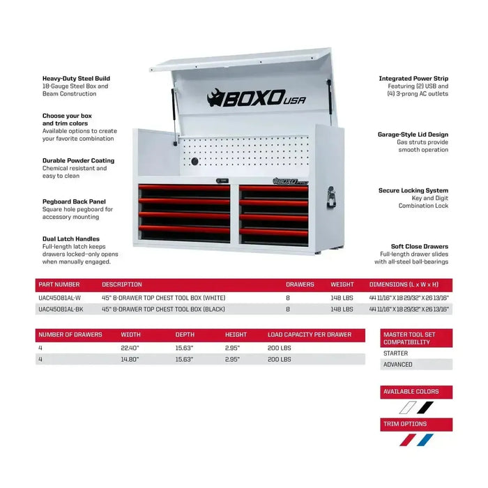 BoxoUSA Pro Series | 45" 8-Drawer Tool Box with 233-Piece Master Tool Set 45TM-BK-R