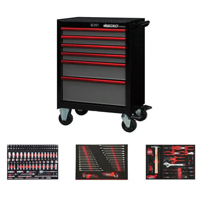 BoxoUSA Pro Series | 26" 6-Drawer Rolling Tool Box with 233-Piece Master Tool Set 26BM-BK-R