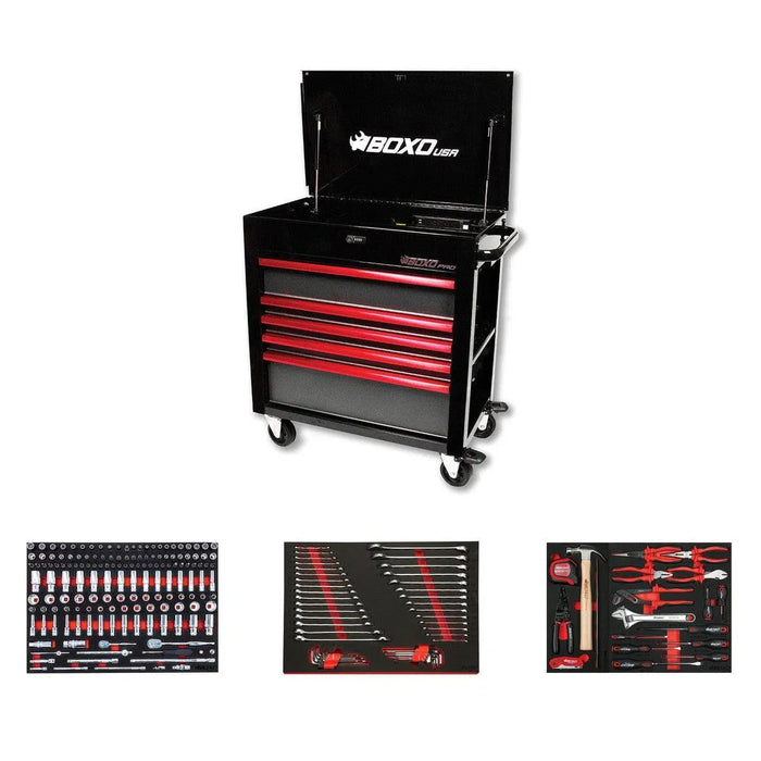 BoxoUSA Pro Series | 35" 5-Drawer Flip-Top Service Cart Tool Box with 233-Piece Master Tool Set 