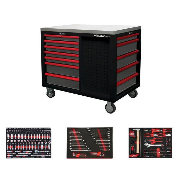 BoxoUSA Pro Series | 45” 12-Drawer Workstation Tool Box with 233-Piece Master Tool Set 45WSM-BK-R