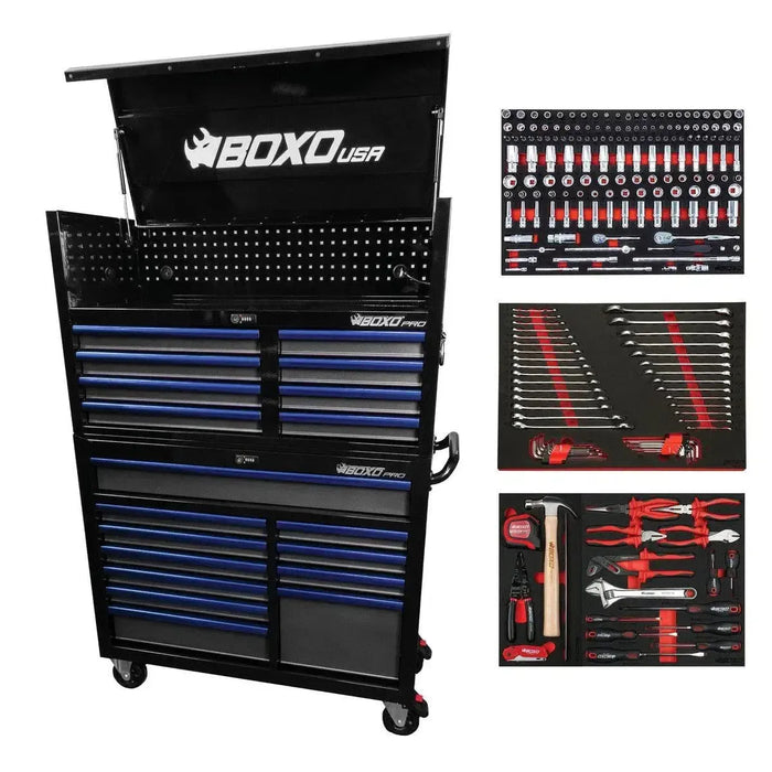 BoxoUSA Pro Series | 45" 19-Drawer Rolling Tool Box with 233-Piece Master Tool Set 45TBM-BK-B
