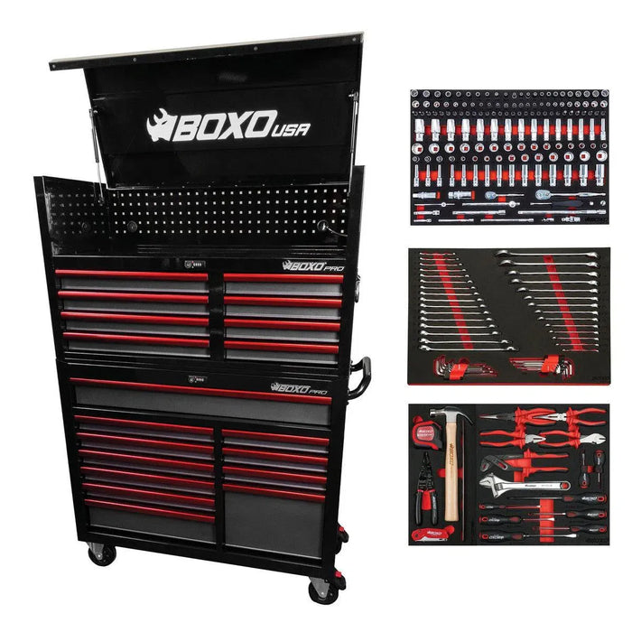 BoxoUSA Pro Series | 45" 19-Drawer Rolling Tool Box with 233-Piece Master Tool Set 45TBM-BK-R