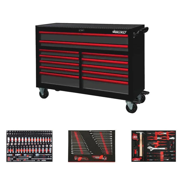 BoxoUSA Pro Series | 53" 12-Drawer Rolling Tool Box with 233-Piece Master Tool Set 53BM-BK-R