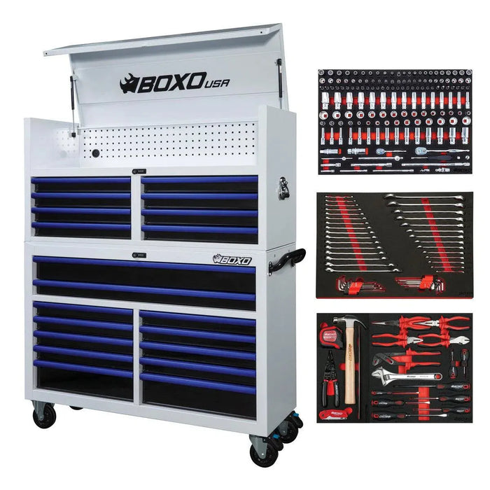 BoxoUSA Pro Series | 53" 20-Drawer Rolling Tool Box with 233-Piece Master Tool Set 53TBM-W-B