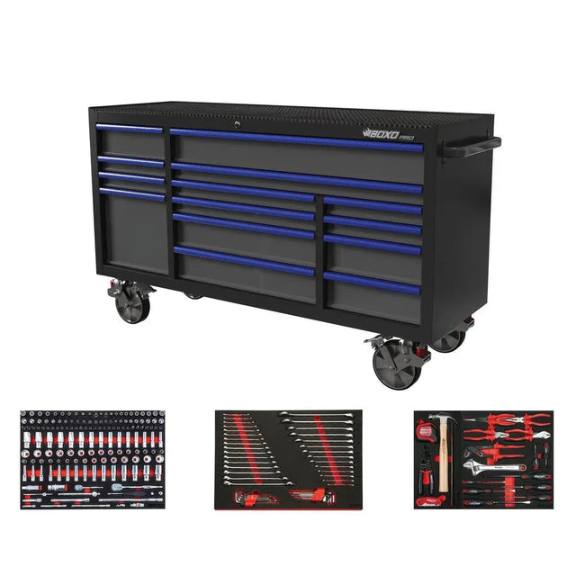 BoxoUSA Pro Series | 72" 14-Drawer Rolling Tool Box with 233-Piece Master Tool Set 72BM-BK-B
