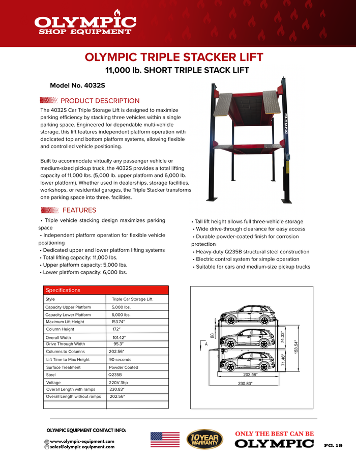 "The Triple Stacker- S" Three-Level 3-Car Storage Lift - Dual-Capacity 5,000 / 6,000 lb. Platforms | Standard Size | 10-Year Warranty | Free Shipping