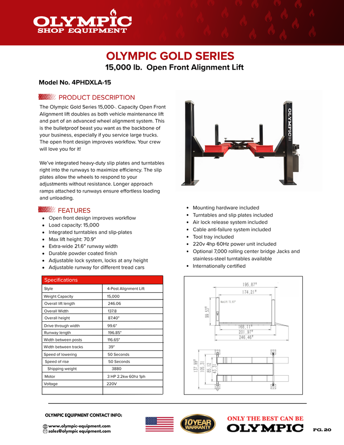 Model: Olympic 4PHDXLA-15 / Open Front Alignment Lift / 15,000-lb. Capacity Car & Truck Maintenance / Turntables / Slip Plates / 138″ W X 246″ L / 10-Year Warranty / SHIPS FREE!