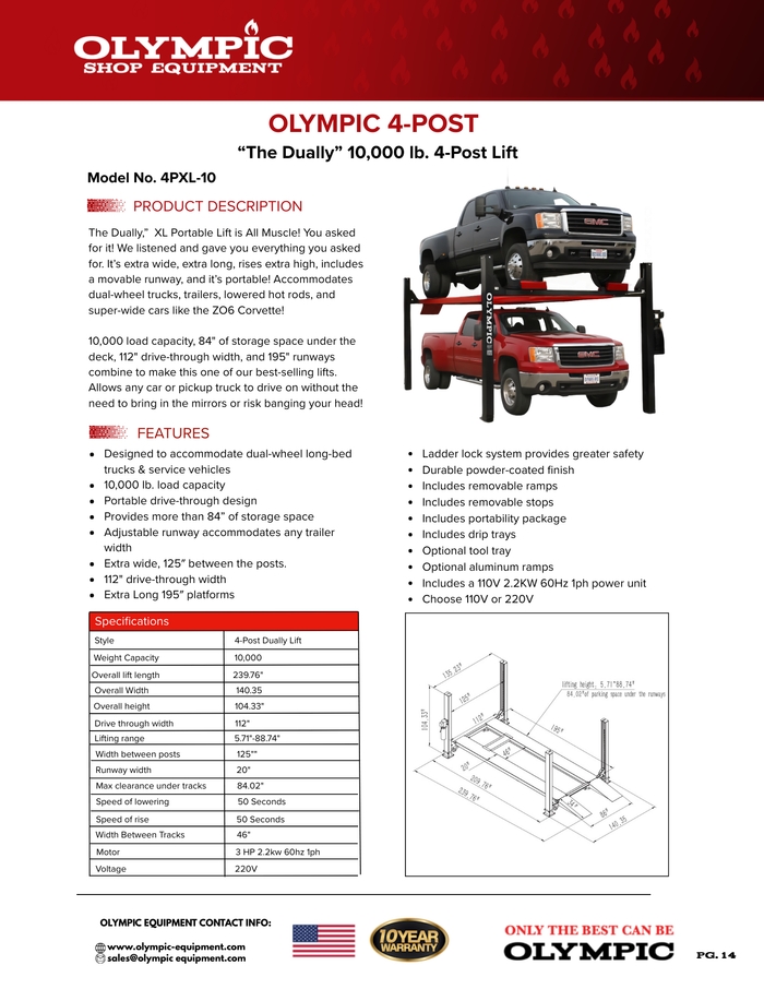 Model: Olympic 4PXL-10 / “The Dually” Portable 10,000 lb. Maintenance & Storage Lift / Adjustable Width Runway / 84″ Storage Space / 125″ Between Posts / 229″ Platform Length / 10-Year Warranty / SHIPS FREE!