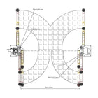 Top-down arm-sweep diagram with printed reach radii for front and rear arms