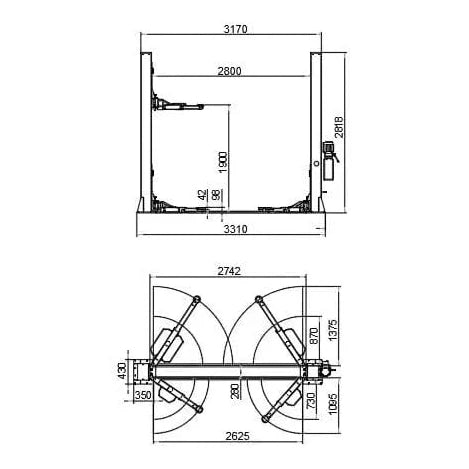 Katool KT-H120D 12,000lbs Two Post Lift Single Lock Release Auto Lift Car Lift measurement